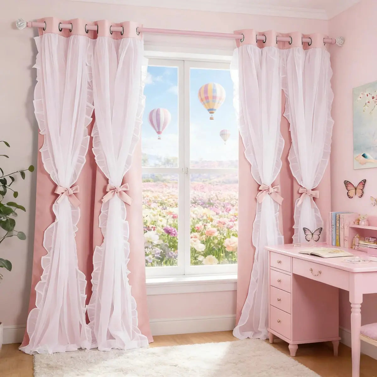 Princess Ruffle Blackout Curtains with Sheer Overlay, Bow Tie Drapes for Girls Bedroom, Grommet Window Curtain Panels, Privacy Grommet Curtains, Home Decorative Curtain, Home Decoration Curtain