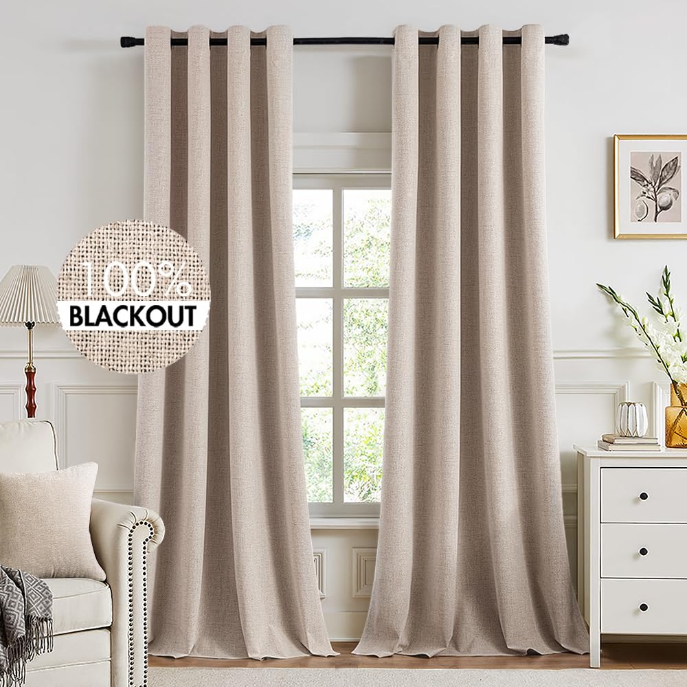 MIULEE 100% Blackout Linen Curtains for Bedroom 52x90 Inches Natural Beige