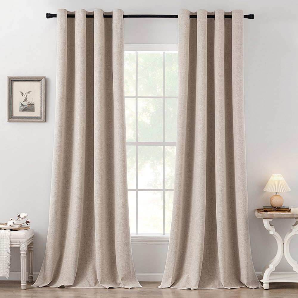 MIULEE 100% Blackout Linen Curtains for Bedroom 52x90 Inches Natural Beige