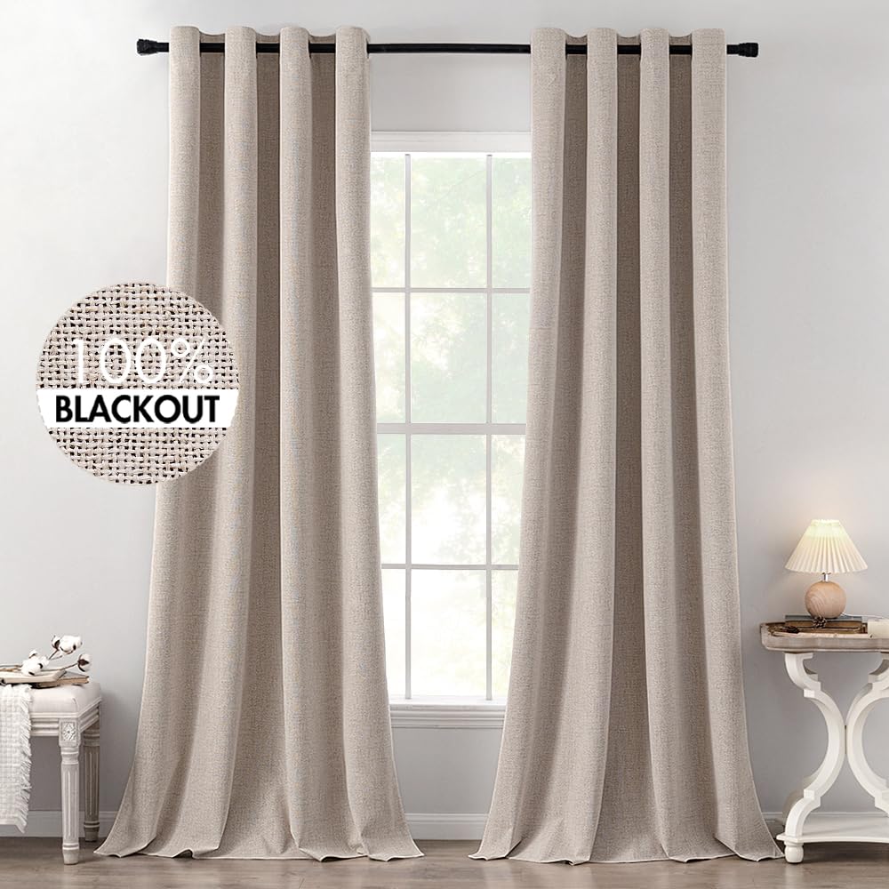 MIULEE 100% Blackout Linen Curtains for Bedroom 52x90 Inches Natural Beige