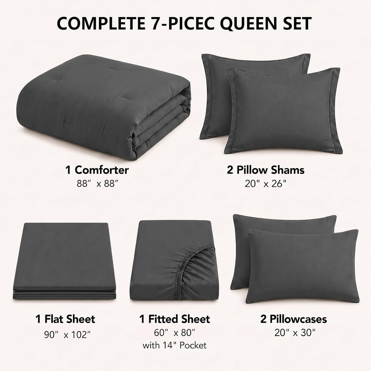 HIMEET Queen Comforter Set, 7-Piece Point-Quilted Bed in a Bag Dark Grey