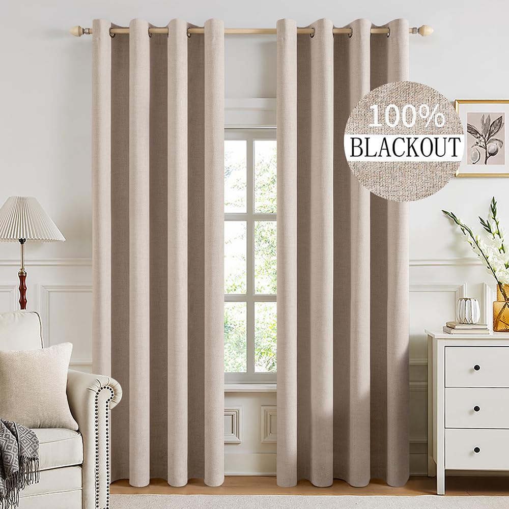 MIULEE 100% Blackout Linen Curtains for Bedroom 52x90 Inches Natural Beige