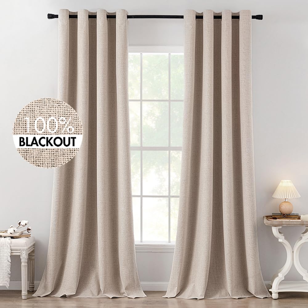 MIULEE 100% Blackout Linen Curtains for Bedroom 52x90 Inches Natural Beige