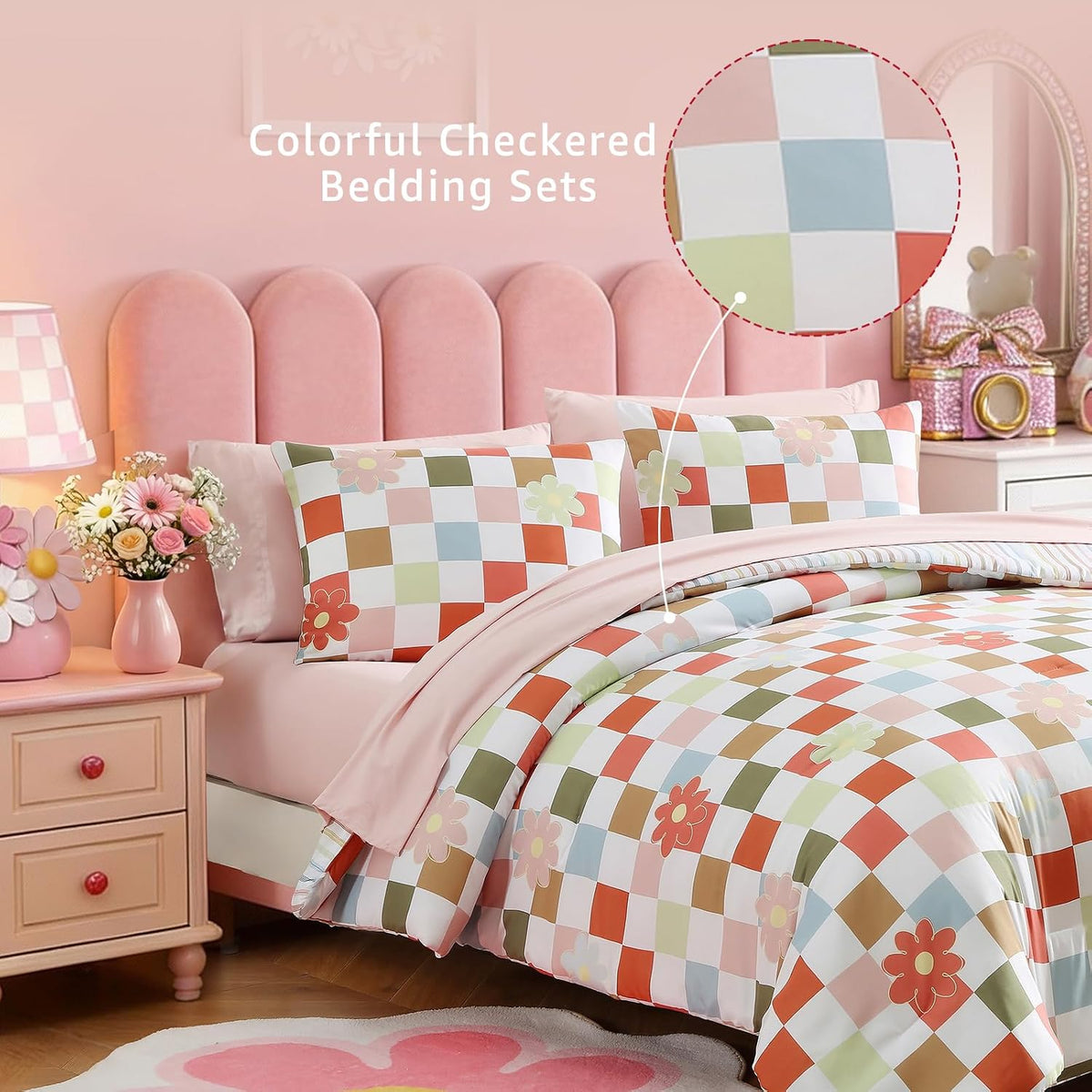 Twin XL Comforter Set for Girls Colorful Checkered Bed in a Bag 5 Pieces