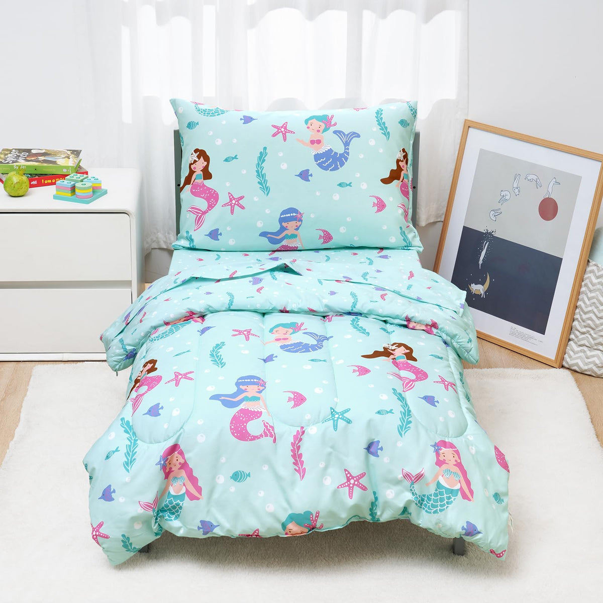 david's kids 4 Piece Toddler Bedding Set - Soft Breathable Toddler Bedding Set for Boys Girls, Includes Quilted Comforter, Flat Sheet, Fitted Sheet and Pillowcase, Dinosaur Navy