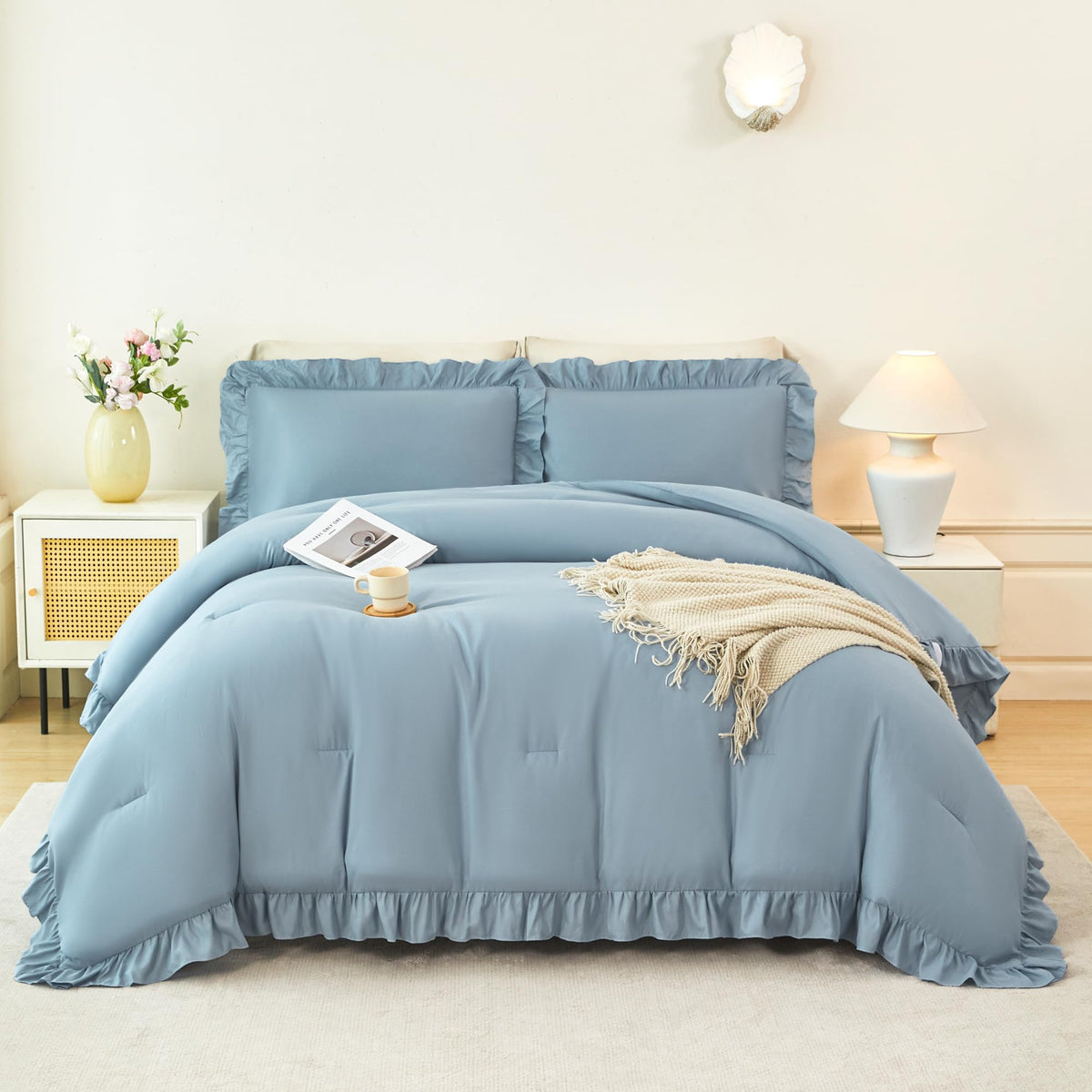 ANGIYUIN Light Blue Ruffle Girls Comforter Set Twin Size 5 Pieces Ruffled Farmhouse Bed in A Bag Solid Boho Bedding Comforter Sets Soft Fluffy Bed Sets for Kids Girl(Light Blue Twin)