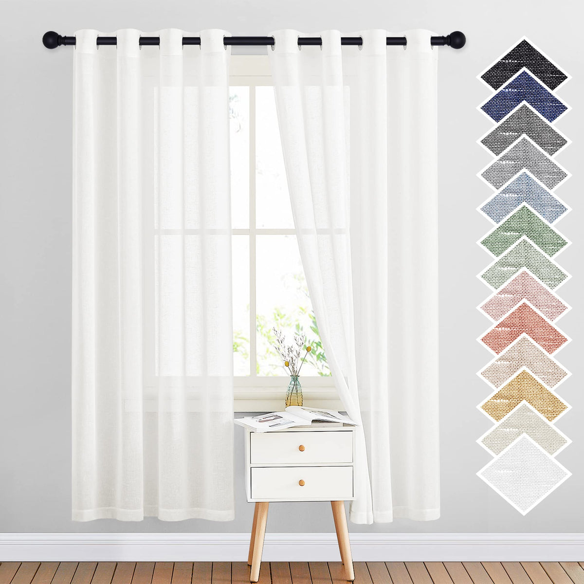 NICETOWN Semi Sheer Linen Ivory Curtains for Bedroom, W52xL84, 2 Panels