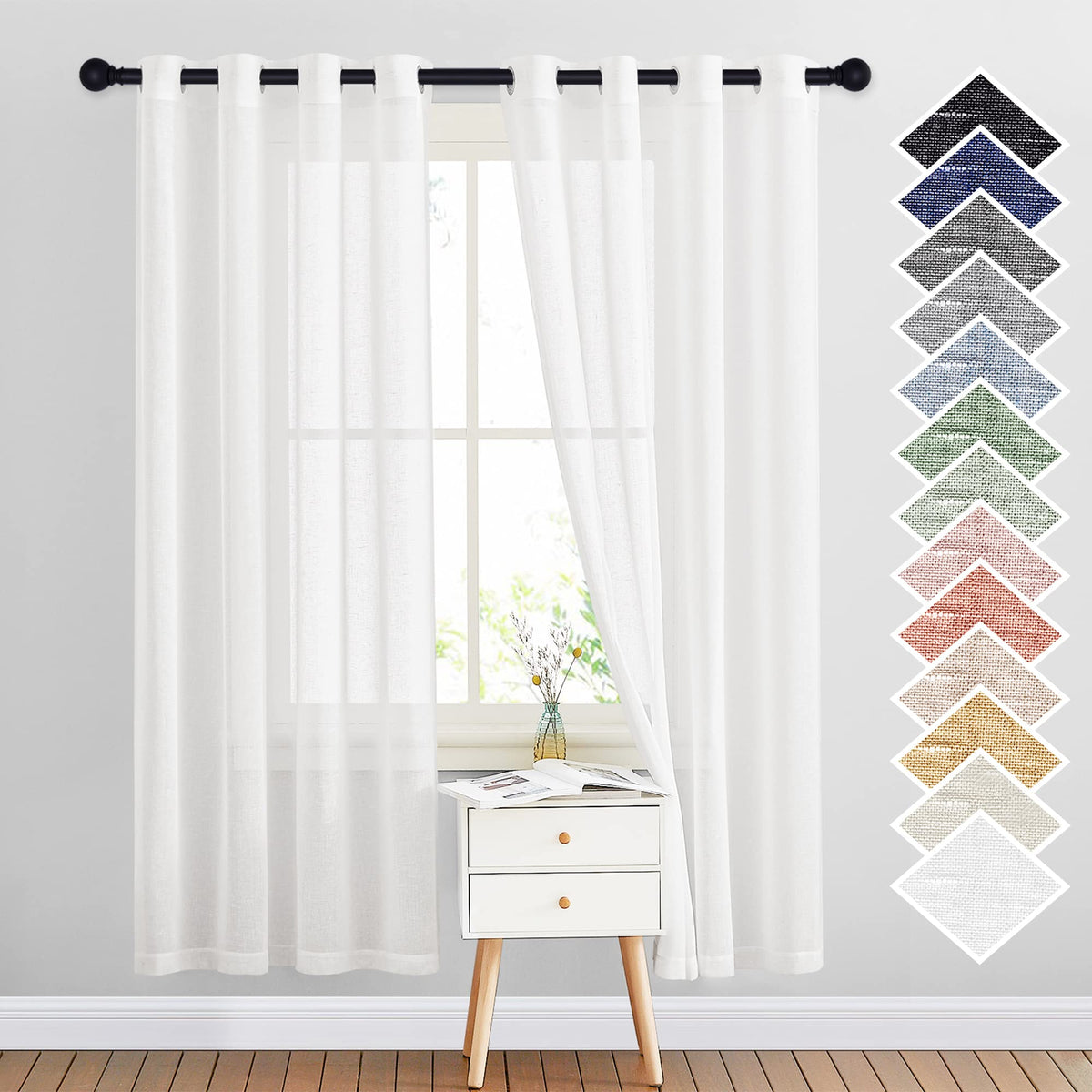 NICETOWN Semi Sheer Linen Ivory Curtains for Bedroom, W52xL84, 2 Panels