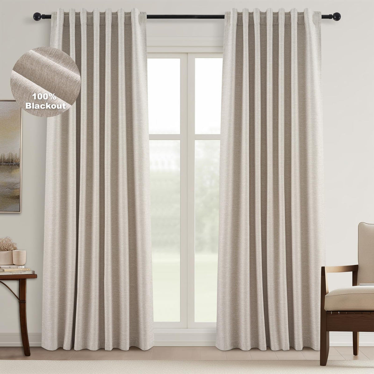Topfinel Cream Linen Blackout Curtains 84 Inch Long for Bedroom Living Room, Ivory Pinch Pleat Back Tab Full Blackout Drapes Farmhouse Boho Curtains for Window, White Neutral Curtains 52" X 84" 7 FT