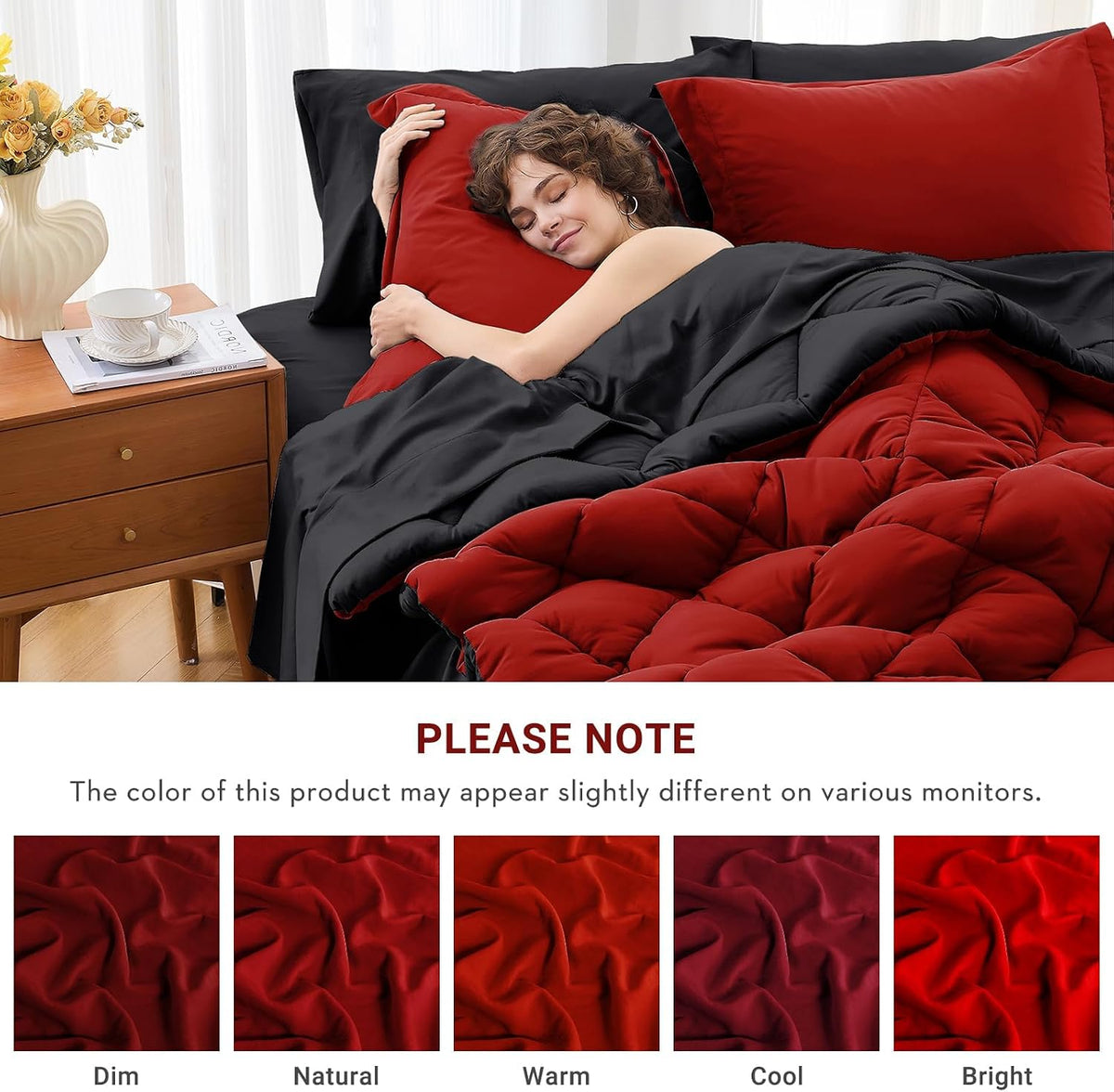 MUXHOMO Full Comforter Set 7 Pieces, Reversible Bed in a Bag, Red/Black