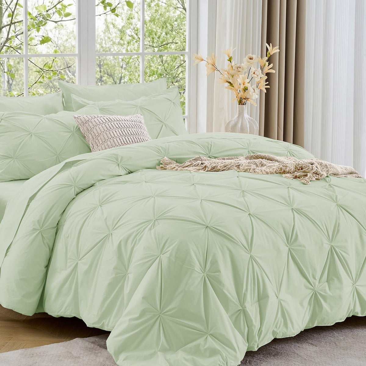 Sasttie Full Size Comforter Set, 7-Piece Bed in a Bag Double, Pintuck Bedding Set for All Season, Includes Comforter, Flat Sheet, Fitted Sheet, Pillowcases and Pillowshams, Beige