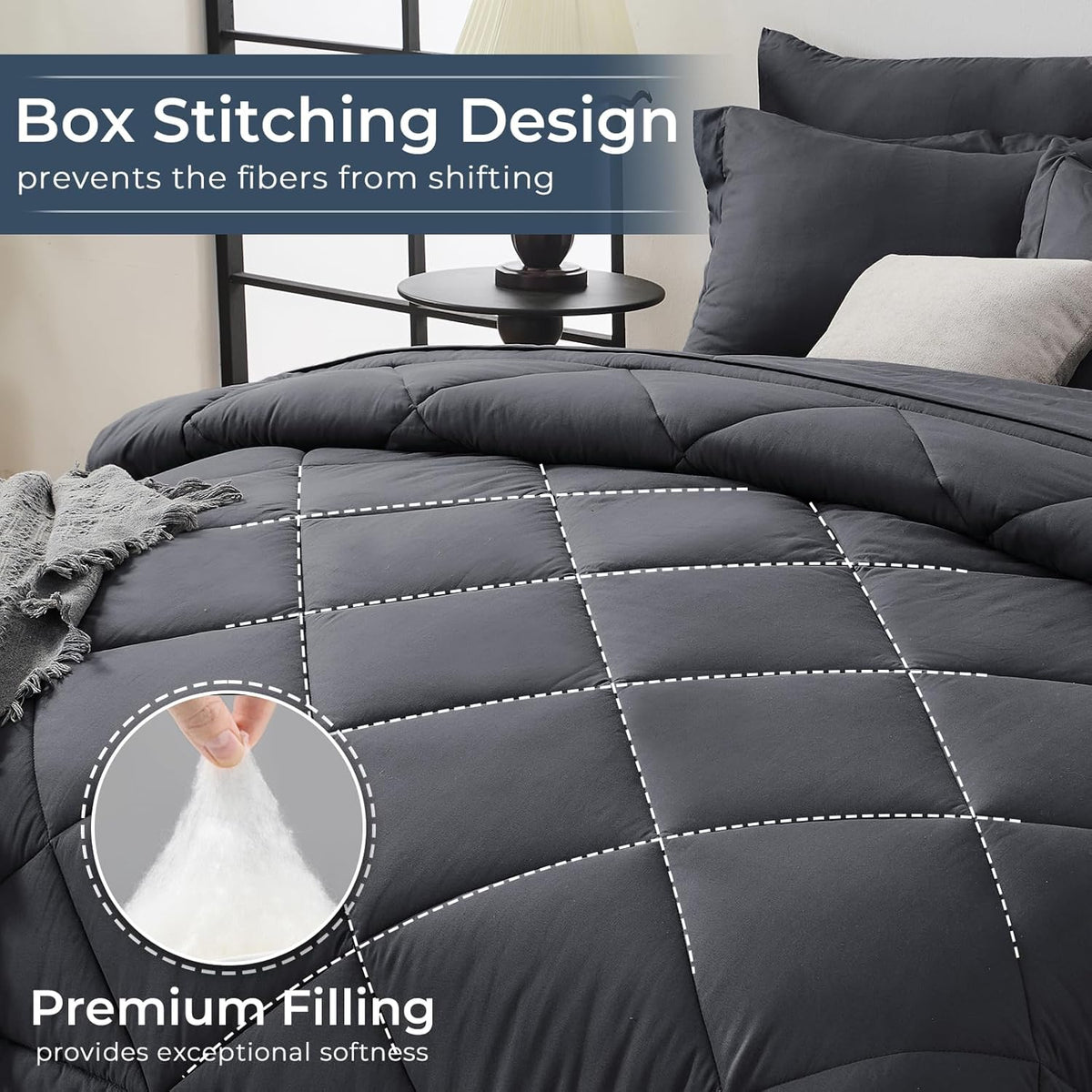 HEVUMYI 7-Piece Full Comforter Set, Dark Grey Bed in a Bag