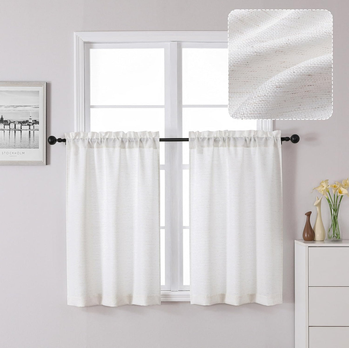 Chyhomenyc 2 Panels White Kitchen Curtains 36 Inch Length Tier Curtain