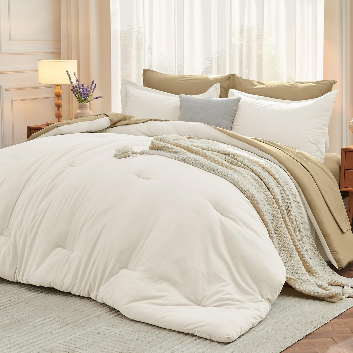 MUXHOMO Full Comforter Set 7 Pieces, Soft Bed in a Bag, Beige