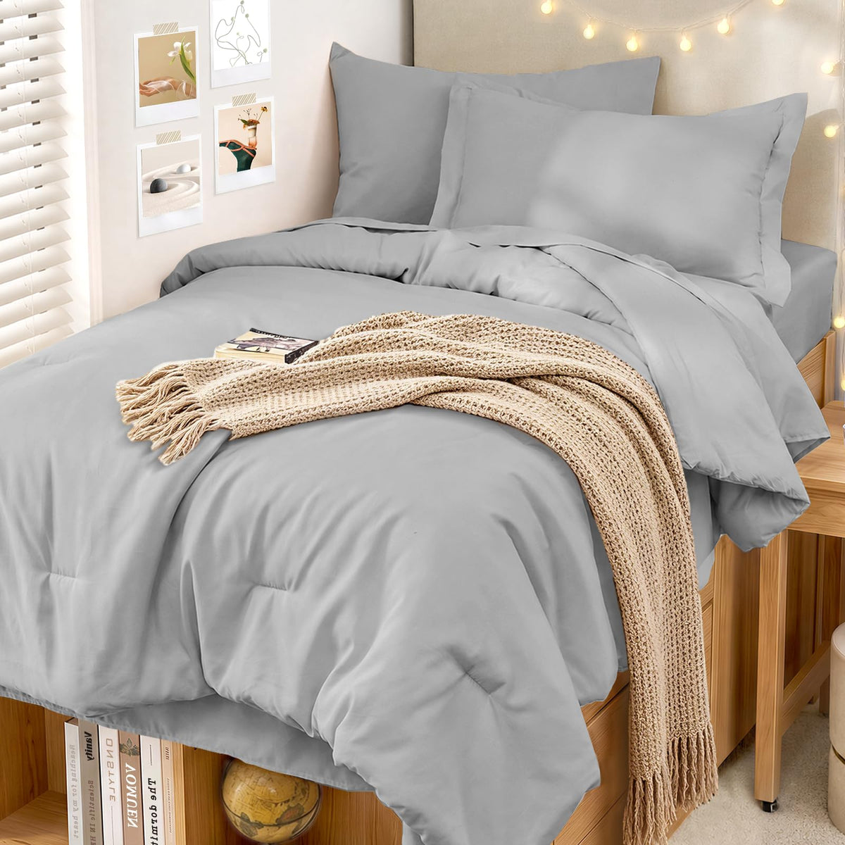 MUXHOMO Queen Comforter Set 7 Pieces, Soft Bed in a Bag, Beige