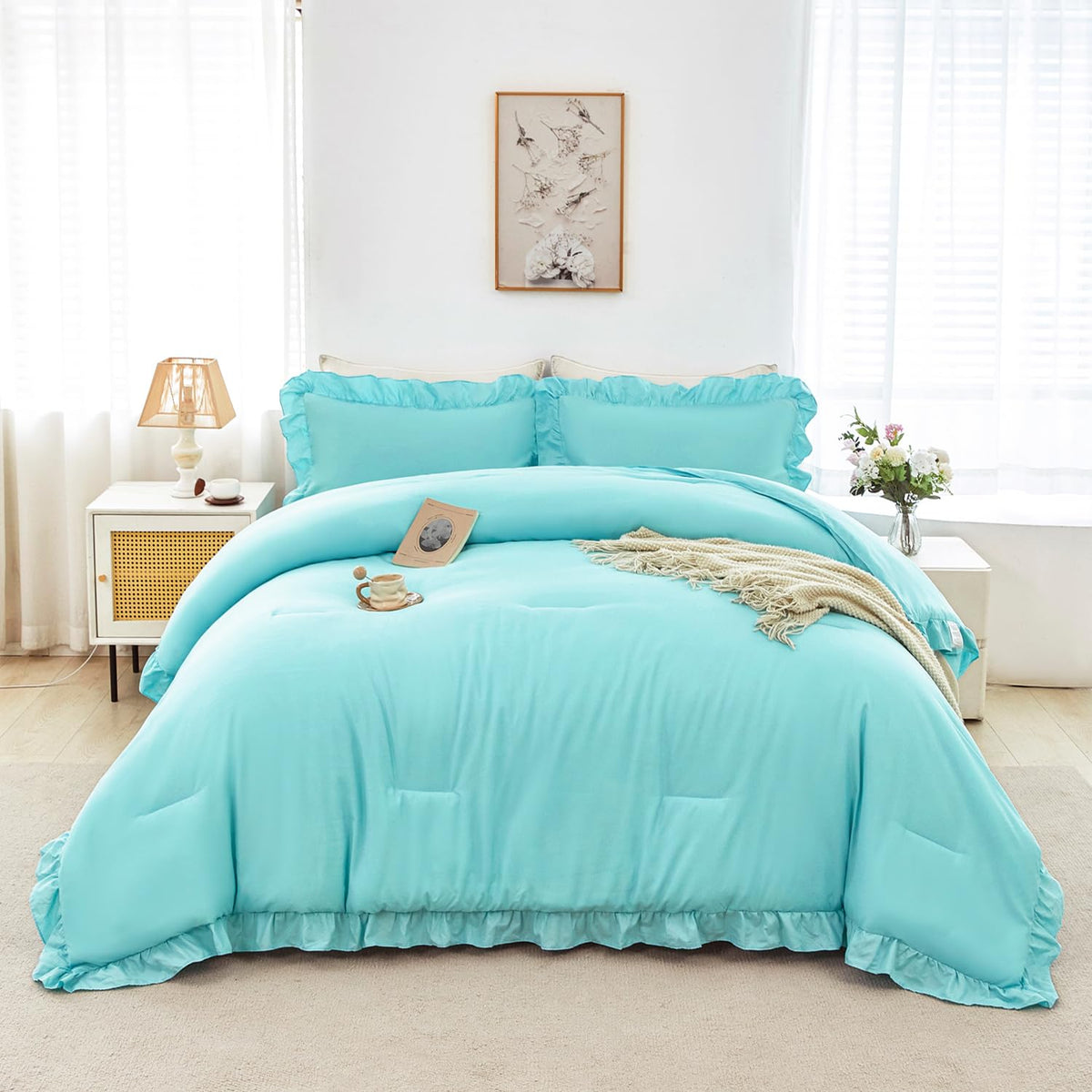 ANGIYUIN Light Blue Ruffle Girls Comforter Set Twin Size 5 Pieces Ruffled Farmhouse Bed in A Bag Solid Boho Bedding Comforter Sets Soft Fluffy Bed Sets for Kids Girl(Light Blue Twin)