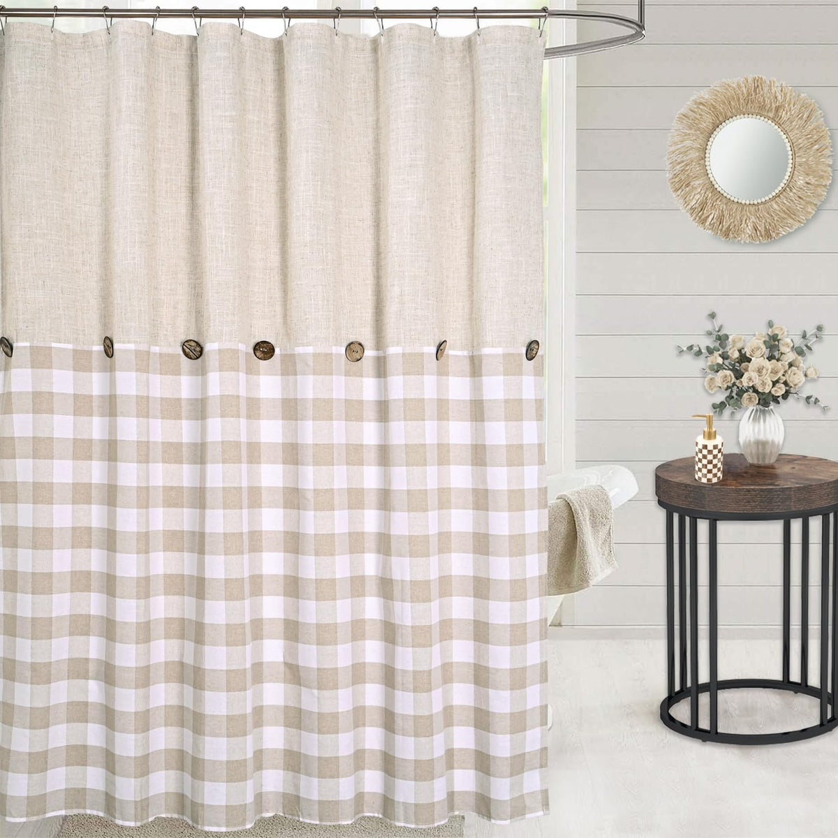 DOSLY IDÉES Farmhouse Shower Curtain,Beige and Gray Stripe,Button Curtain,Linen and Cotton Woven Fabric,Rustic Charm Country Chic Style,72x72 in