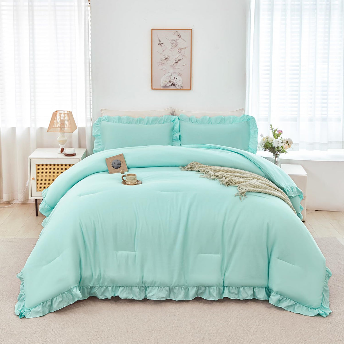 ANGIYUIN Light Blue Ruffle Girls Comforter Set Twin Size 5 Pieces Ruffled Farmhouse Bed in A Bag Solid Boho Bedding Comforter Sets Soft Fluffy Bed Sets for Kids Girl(Light Blue Twin)