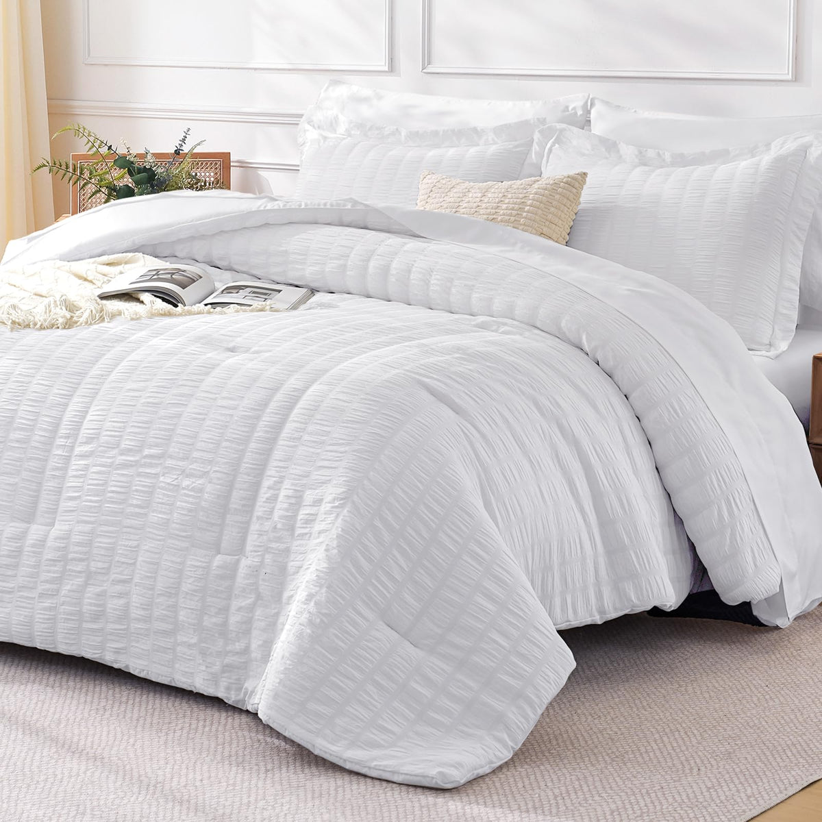 FreshCulture Comforter Set Seersucker 7 Pieces, All Season Bedding Set Queen, Bed in a Bag Comforter Set with 1 Comforter, 1 Flat Sheet, 1 Fitted Sheet, 2 Pillowcases and 2 Pillow Shams, Dark Grey