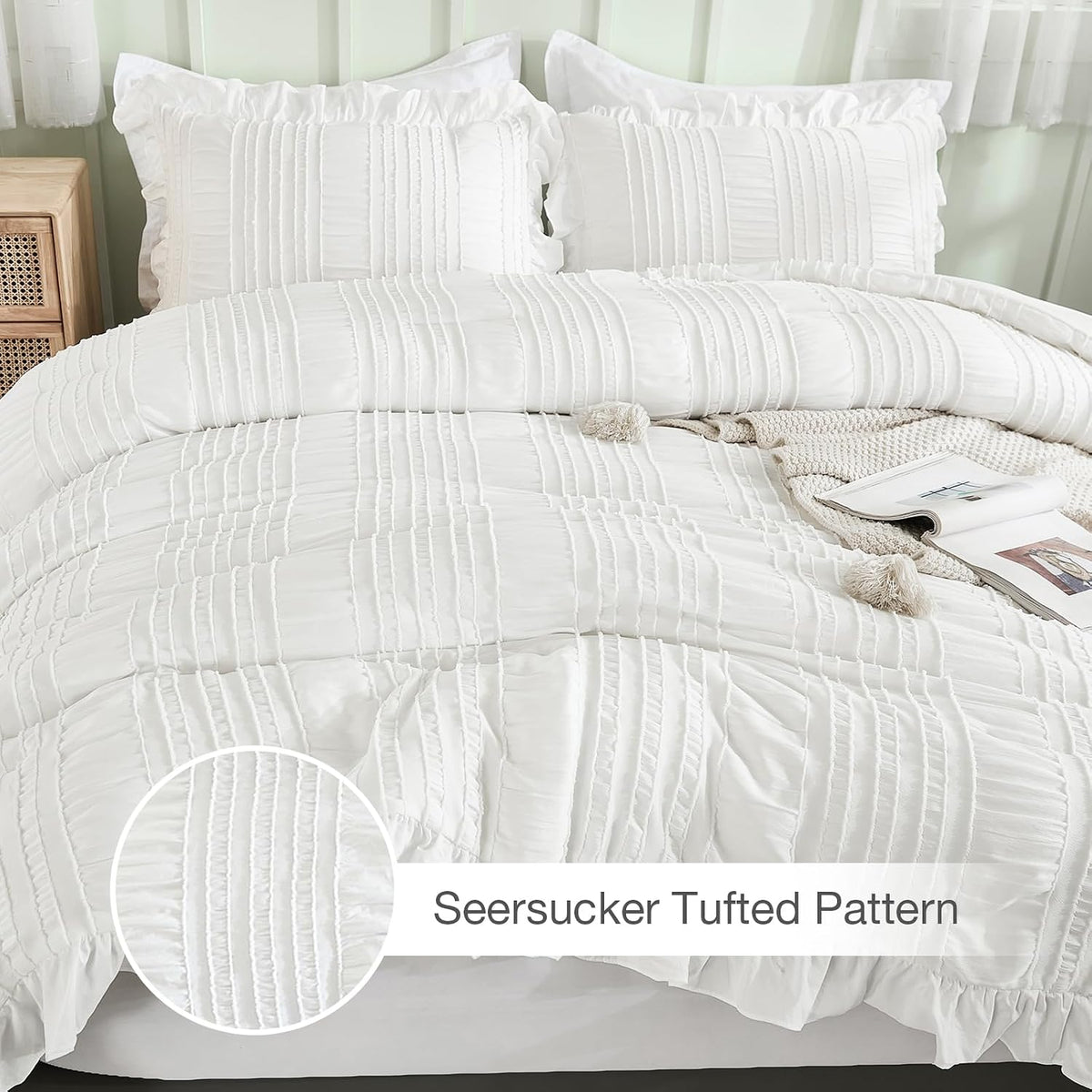 WONGS BEDDING White Queen Comforter Set,Boho Ruffle Comforter for Queen Bed,Soft Seersucker Shabby Chic Bedding Set with 1 Comforter,2 Tufted Pillowcases 90"×90"