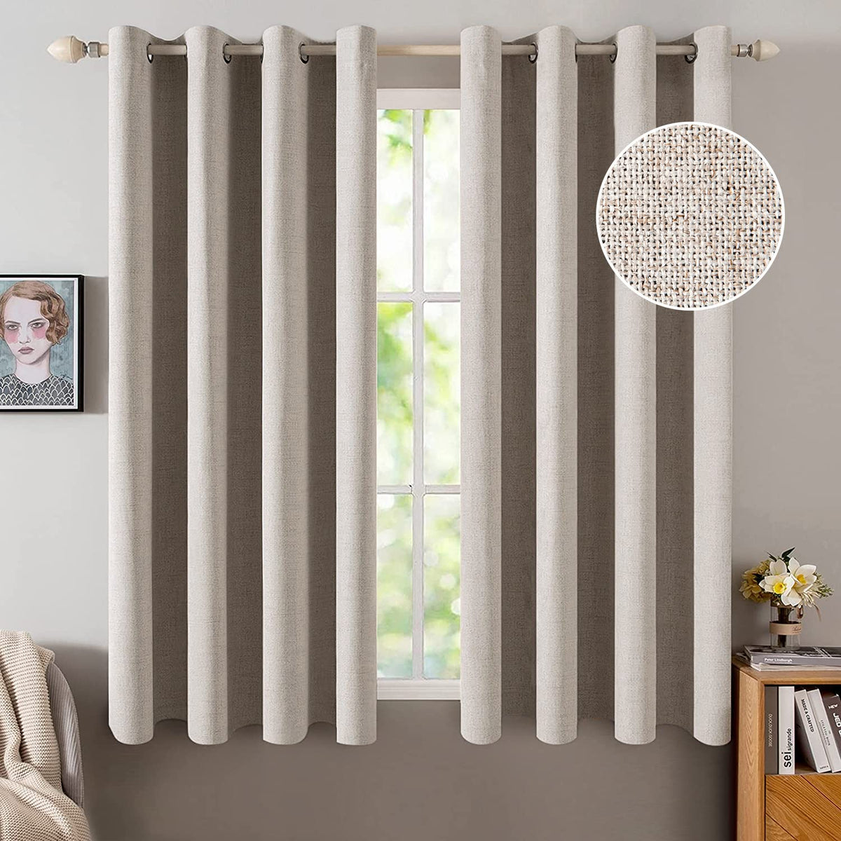 MIULEE 100% Blackout Linen Curtains for Bedroom 52x90 Inches Natural Beige