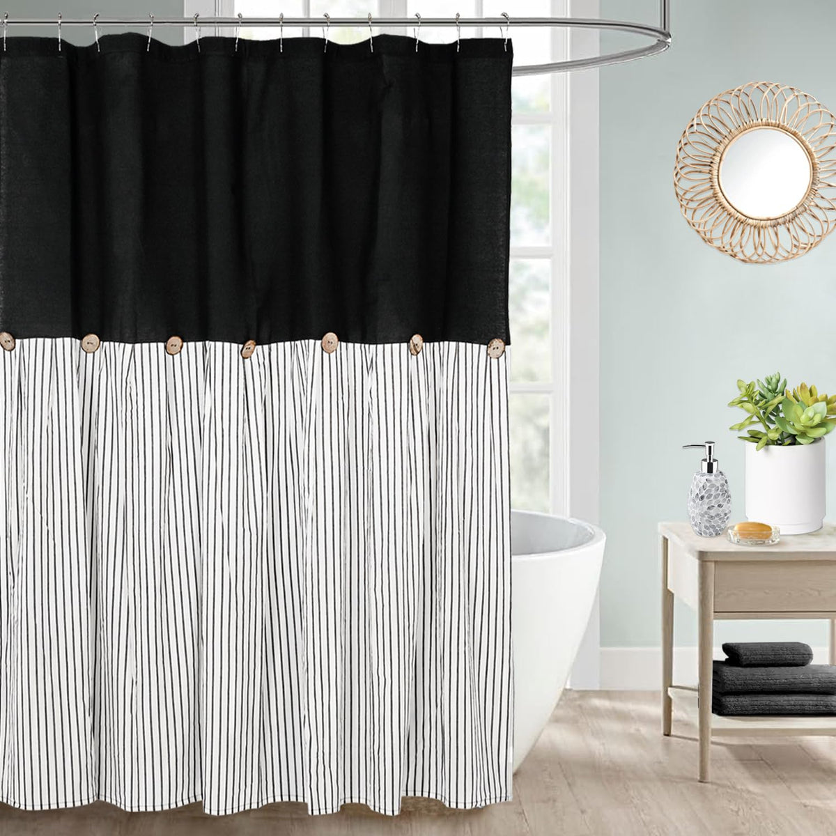 DOSLY IDÉES Farmhouse Shower Curtain,Beige and Gray Stripe,Button Curtain,Linen and Cotton Woven Fabric,Rustic Charm Country Chic Style,72x72 in