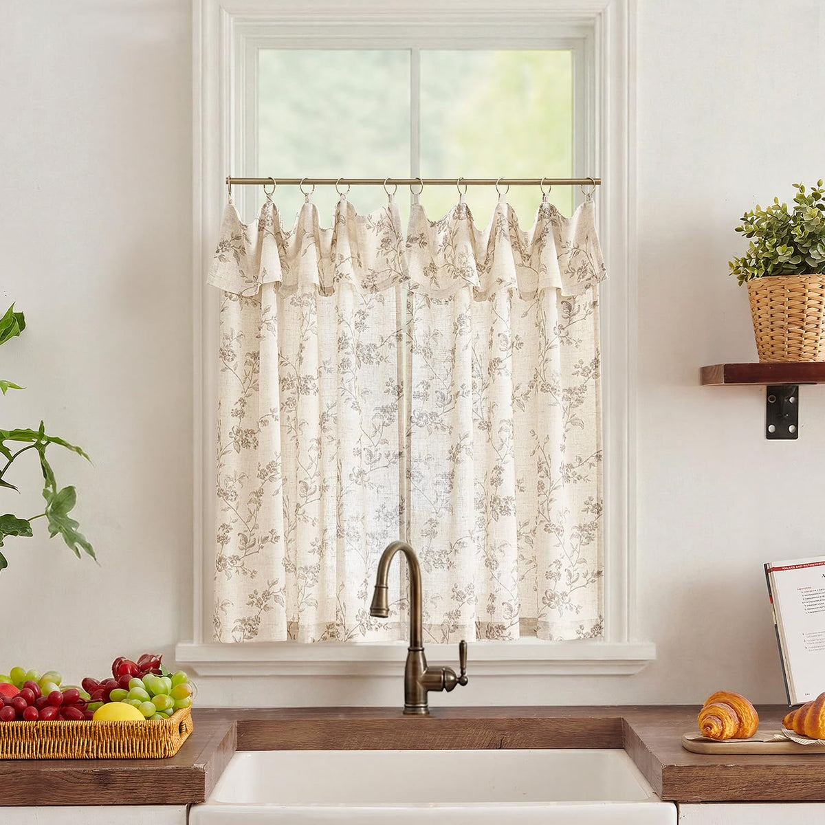 jinchan Floral Linen Kitchen Tier Curtains, 24 Inch, 2 Panels, Green