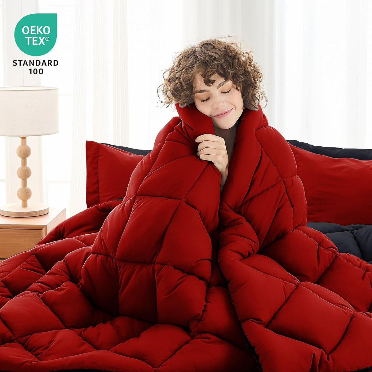 MUXHOMO Full Comforter Set 7 Pieces, Reversible Bed in a Bag, Red/Black