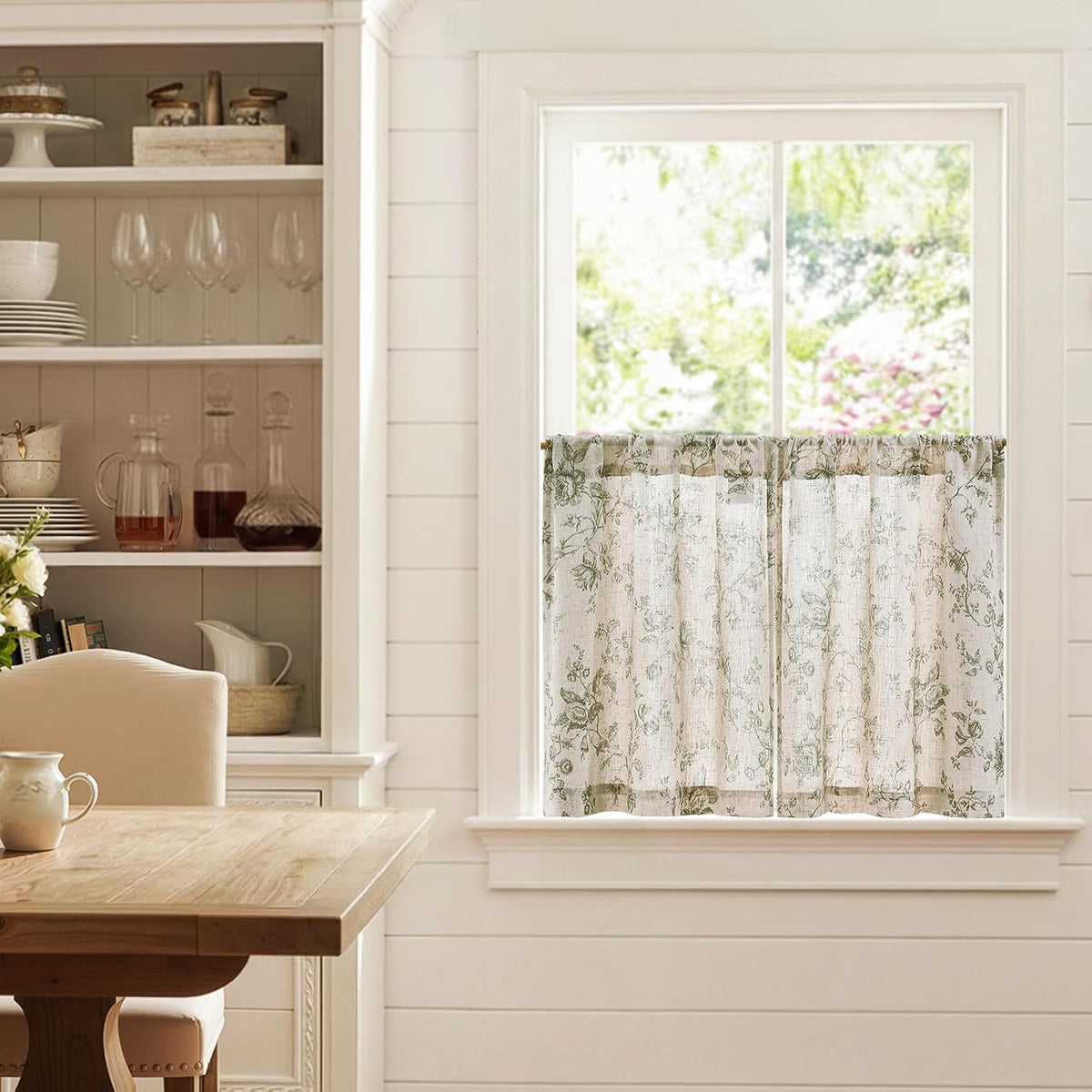 jinchan Floral Linen Kitchen Tier Curtains, 24 Inch, 2 Panels, Green