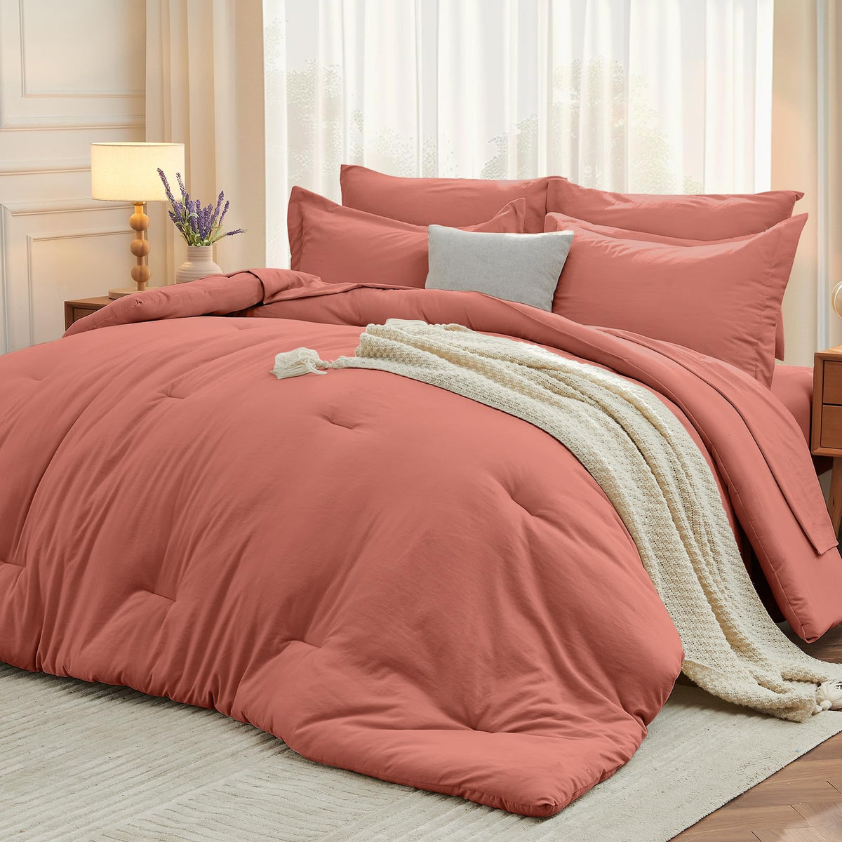 MUXHOMO Full Comforter Set 7 Pieces, Soft Bed in a Bag, Beige