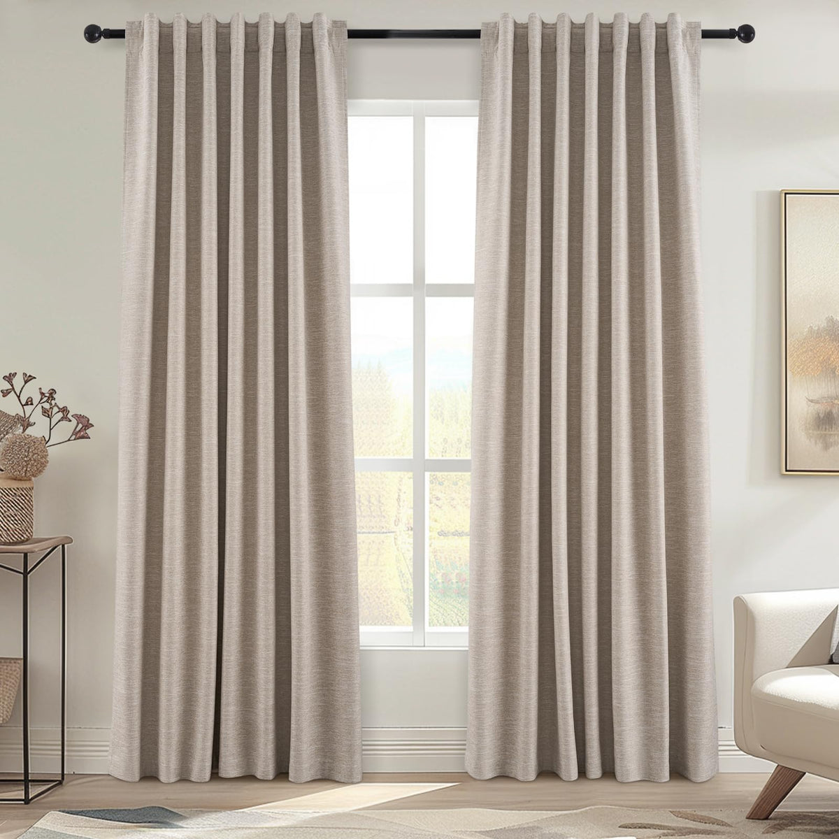 Topfinel Cream Linen Blackout Curtains 84 Inch Long for Bedroom Living Room, Ivory Pinch Pleat Back Tab Full Blackout Drapes Farmhouse Boho Curtains for Window, White Neutral Curtains 52" X 84" 7 FT