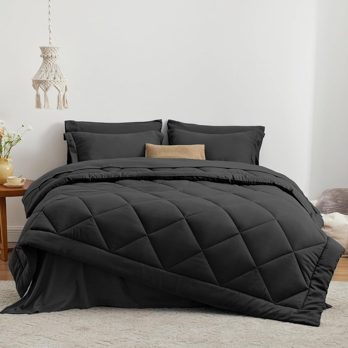 Love's cabin Queen Comforter Set, 7 Pieces Bed in a Bag, Black