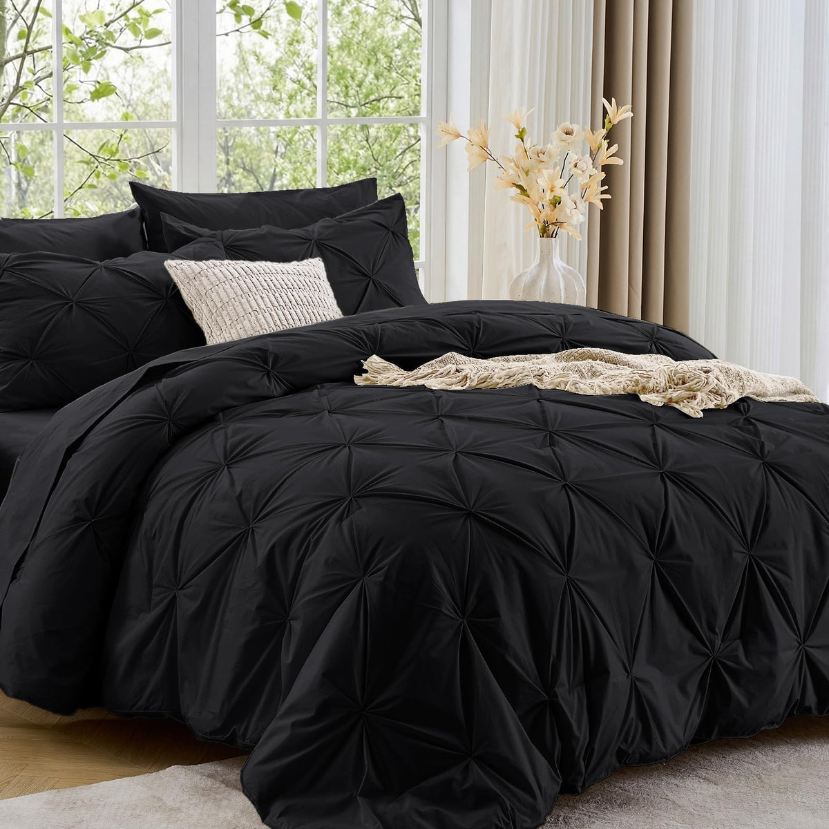 Sasttie Full Size Comforter Set, 7-Piece Bed in a Bag Double, Pintuck Bedding Set for All Season, Includes Comforter, Flat Sheet, Fitted Sheet, Pillowcases and Pillowshams, Beige