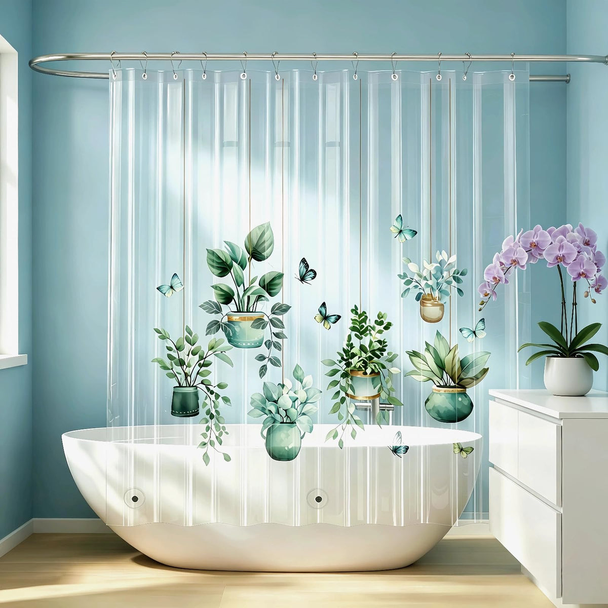 Clear Green Ivy Leaves Shower Curtain Liner, Transparent Plastic Nature Green Botanical Leaf Decorative Waterproof Shower Curtains for Bathroom, 72x72 Weighted Magnetic Shower Curtain Liner with Hooks