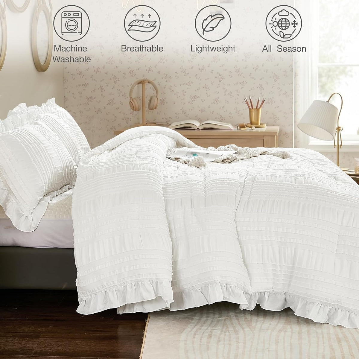 WONGS BEDDING White Queen Comforter Set,Boho Ruffle Comforter for Queen Bed,Soft Seersucker Shabby Chic Bedding Set with 1 Comforter,2 Tufted Pillowcases 90"×90"
