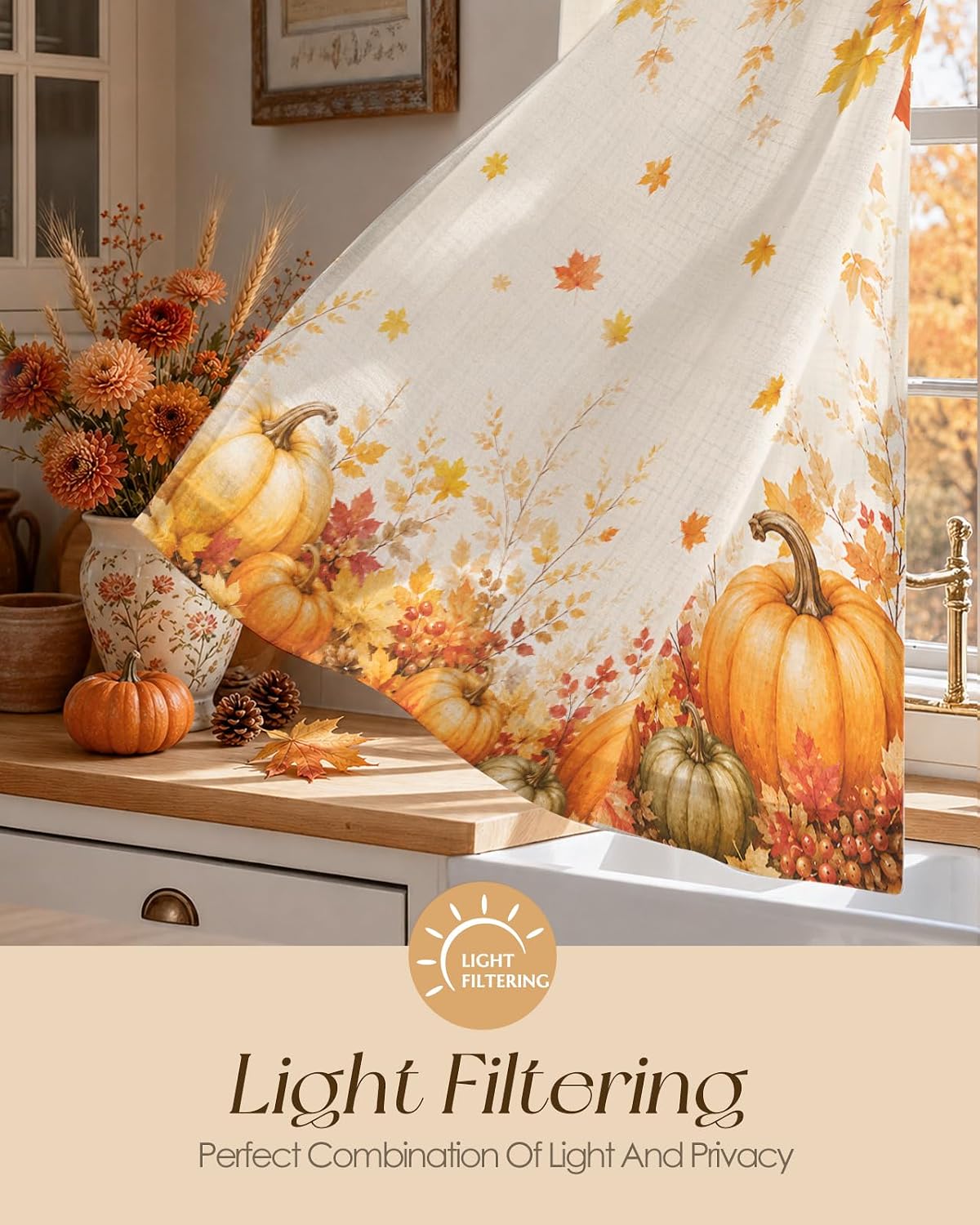 Miss Adola 36 Inch Length Kitchen Tier Curtains Pumpkin Leaf Cafe Curtains