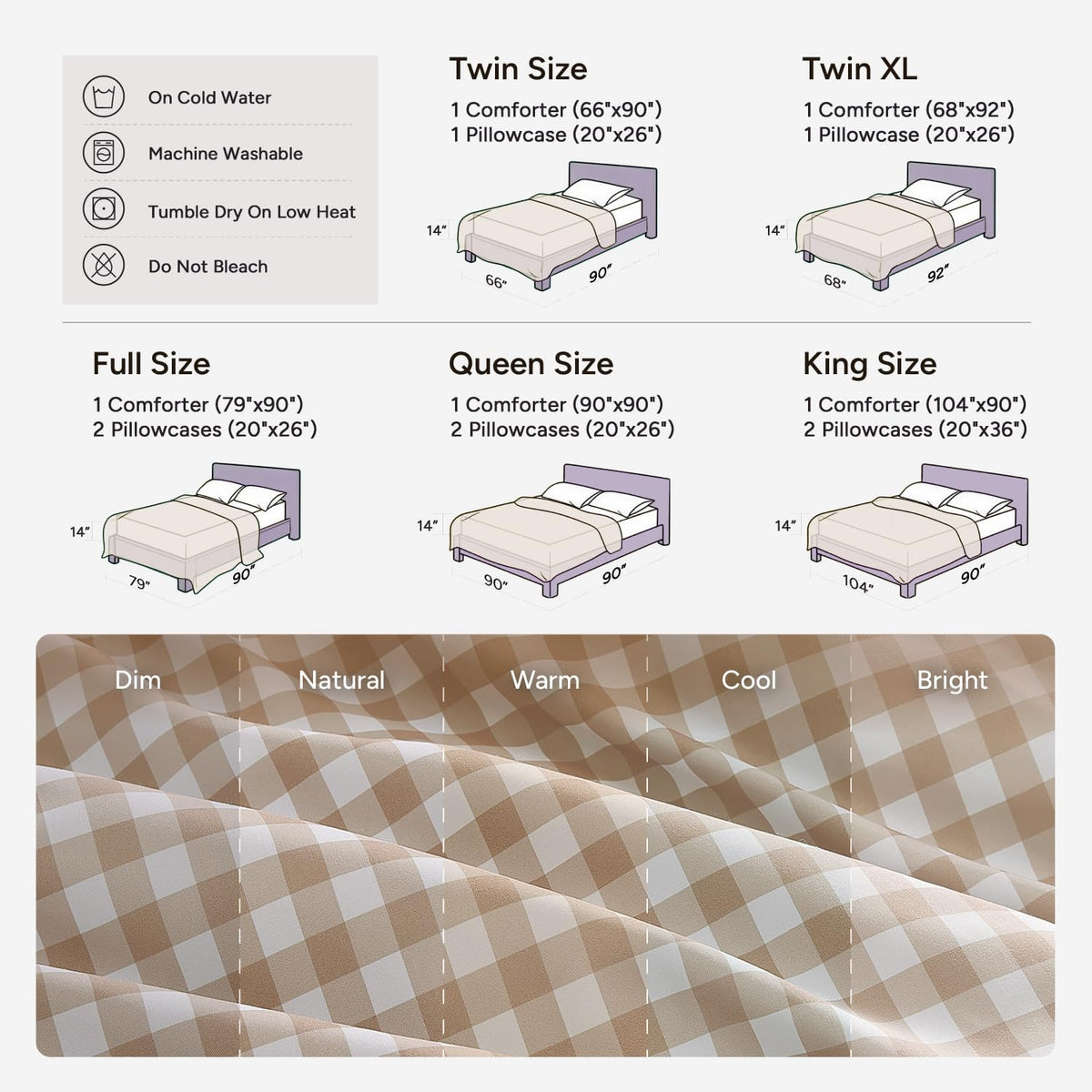 Andency Tan Gingham Comforter Set Twin, Brown Checkered Grid Plaid Bedding