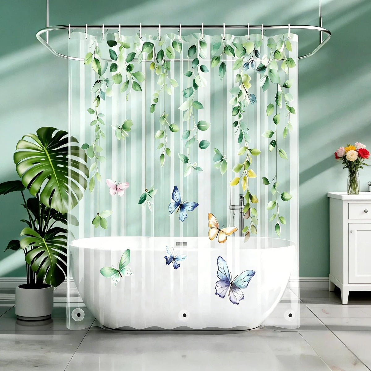 Clear Green Ivy Leaves Shower Curtain Liner, Transparent Plastic Nature Green Botanical Leaf Decorative Waterproof Shower Curtains for Bathroom, 72x72 Weighted Magnetic Shower Curtain Liner with Hooks