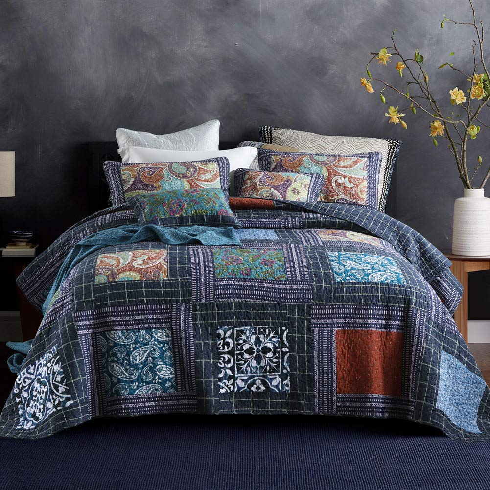Secgo Queen Comforter Set for Bed - 100% Cotton Quilts Queen Size, Green, Sage Bedspreads (90 * 98 Inch) with 2 Pillow Shams, Patchwork Reversible Lightweight Bedding