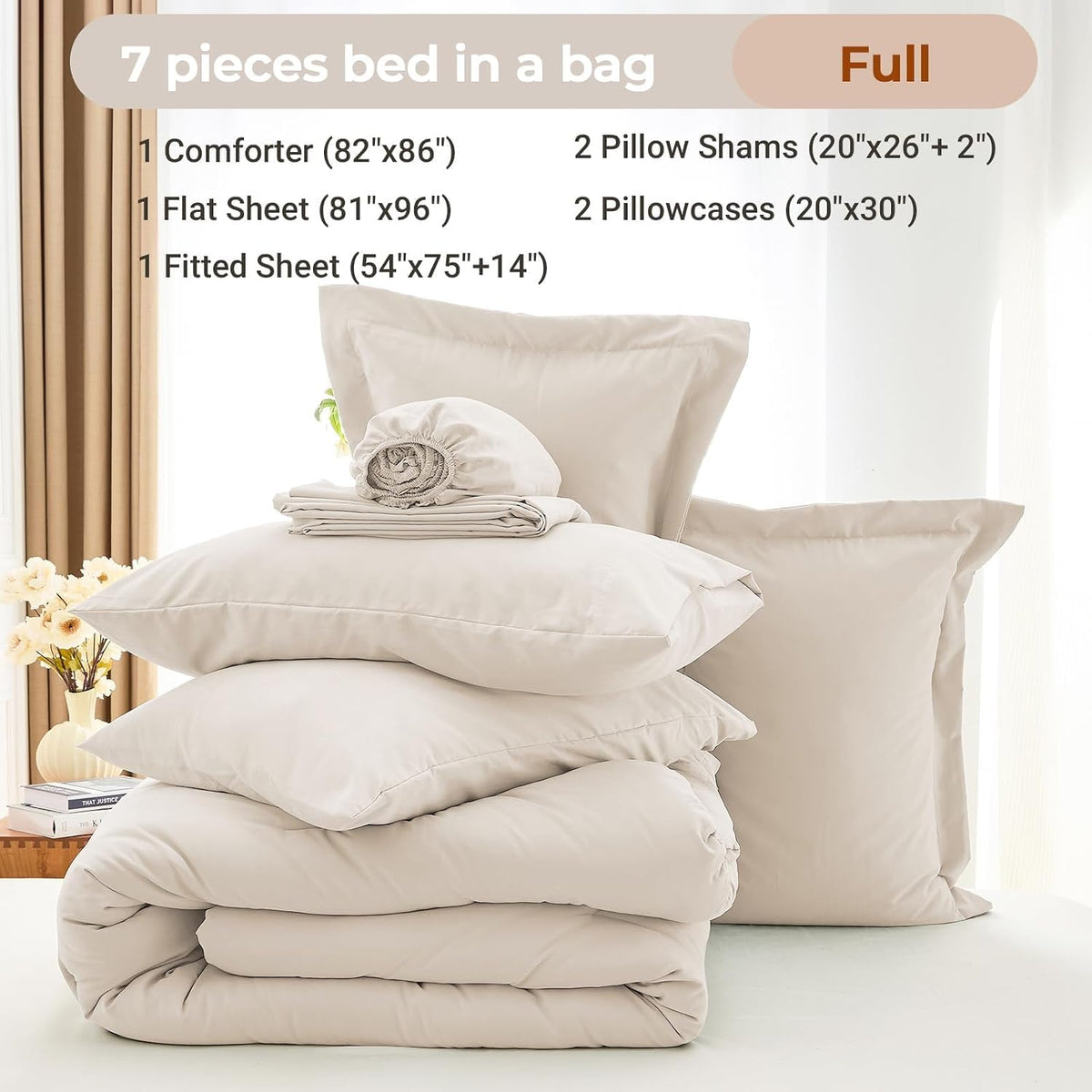 MUXHOMO Full Comforter Set 7 Pieces, Soft Bed in a Bag, Beige