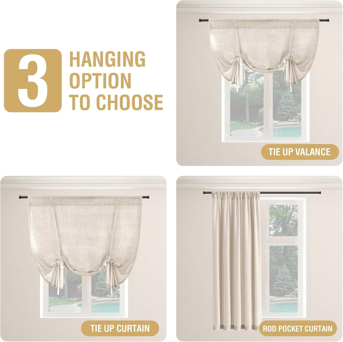 H.VERSAILTEX Tie Up Linen Curtains 63 Inch Length Nature Linen Textured Privacy Curtain Multi Hanging Ways Shade Balloon Window Shade Rod Pocket Casual Curtain - 42x63 - Natural