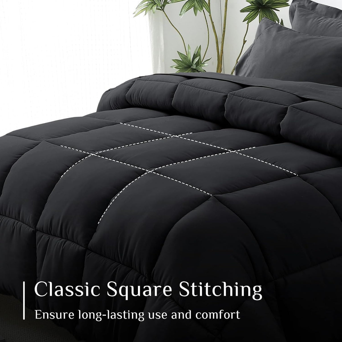 JOLLYVOGUE Full Comforter Set, Ultra-Soft Bed in a Bag Full Size 7 Pieces, Oeko-TEX Certified Bedding Set with Down Alternative Comforter, Sheets, Pillowcases & Shams, Black