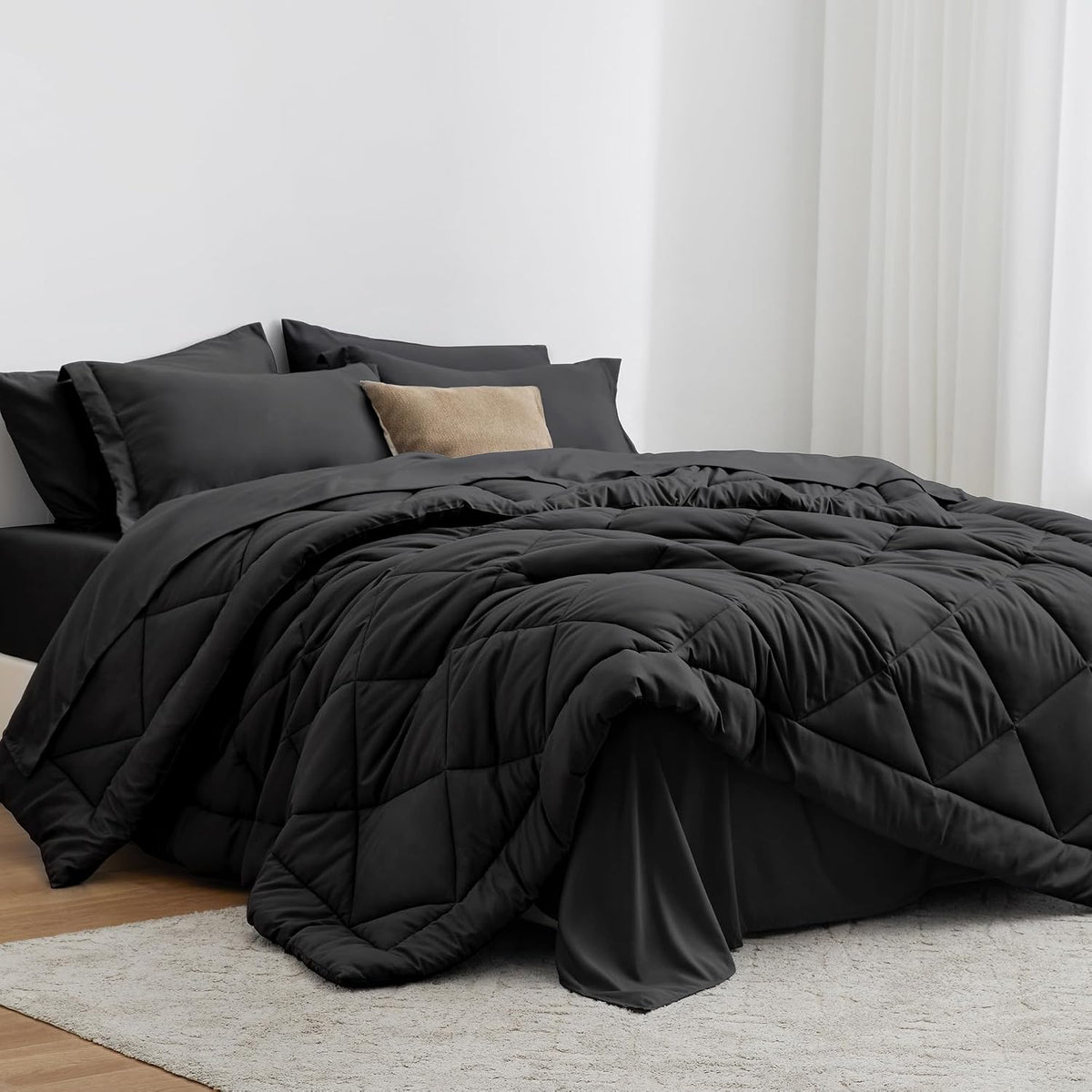 Love's cabin Queen Comforter Set, 7 Pieces Bed in a Bag, Black