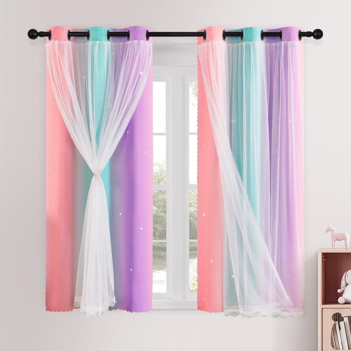 XiDi Blackout Curtains for Girls Bedroom Decor Pink Kids Rainbow Curtains
