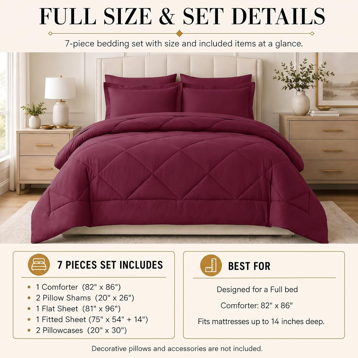 CozyLux Full Comforter Set 82"x86" Burgundy - 7 Piece Bed in a Bag