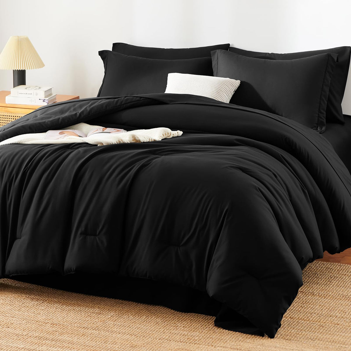 HIMEET Queen Comforter Set, 7-Piece Point-Quilted Bed in a Bag Dark Grey