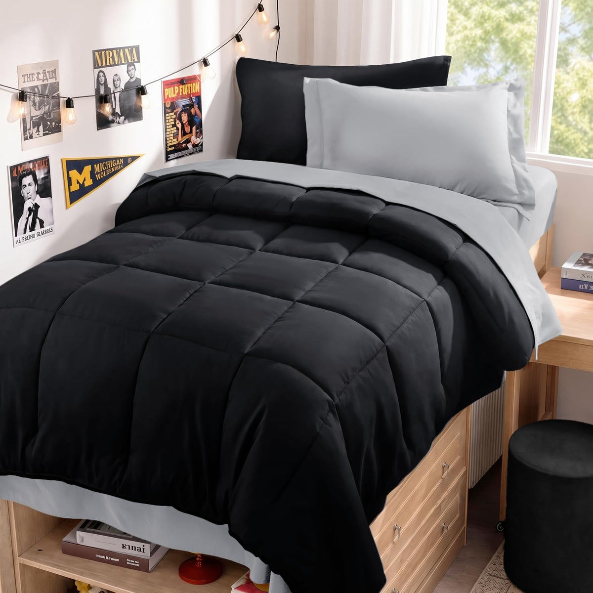 JOLLYVOGUE Full Comforter Set, Ultra-Soft Bed in a Bag Full Size 7 Pieces, Oeko-TEX Certified Bedding Set with Down Alternative Comforter, Sheets, Pillowcases & Shams, Black