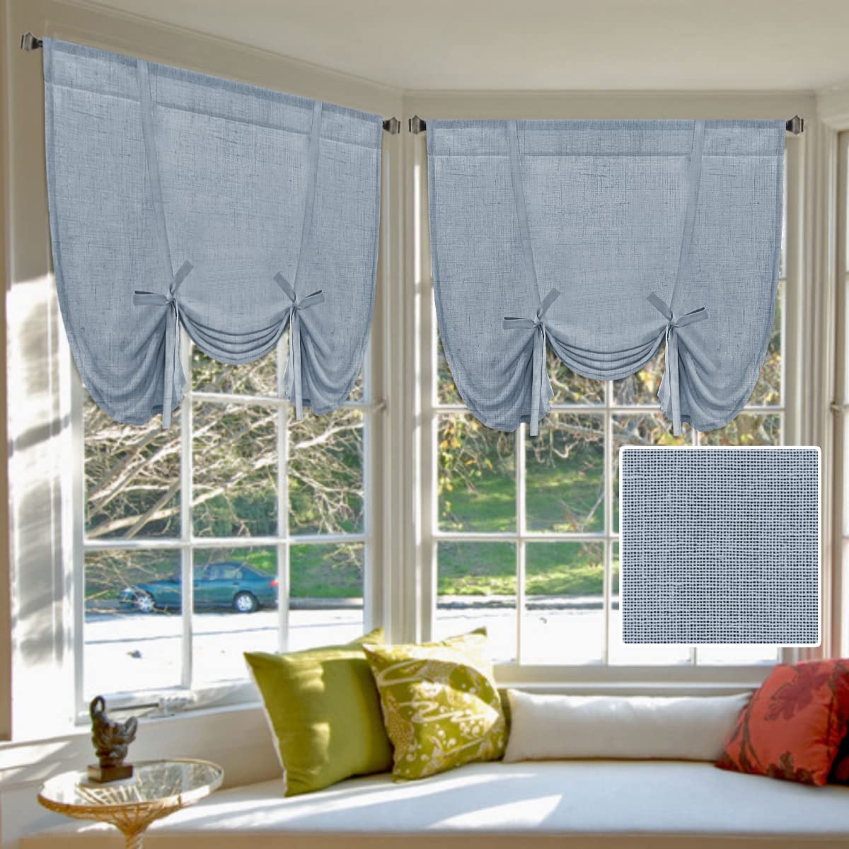 H.VERSAILTEX Tie Up Linen Curtains 63 Inch Length Nature Linen Textured Privacy Curtain Multi Hanging Ways Shade Balloon Window Shade Rod Pocket Casual Curtain - 42x63 - Natural