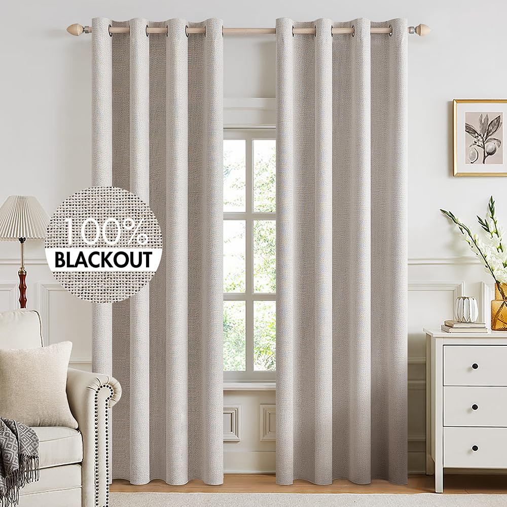 MIULEE 100% Blackout Linen Curtains for Bedroom 52x90 Inches Natural Beige
