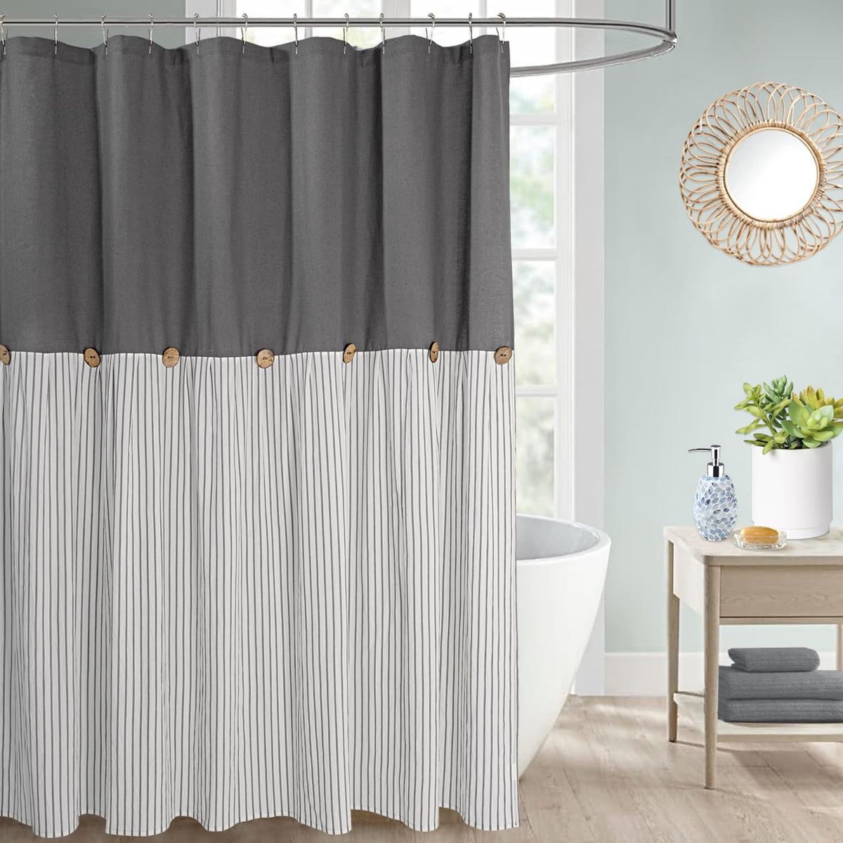 DOSLY IDÉES Farmhouse Shower Curtain,Beige and Gray Stripe,Button Curtain,Linen and Cotton Woven Fabric,Rustic Charm Country Chic Style,72x72 in
